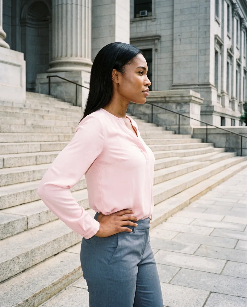 A 23-year-old African woman wears a blush pink chiffon blouse in a three-quarter-length side-view composition, standing with her hands on her waist and a neutral expression. Courthouse steps form the backdrop.