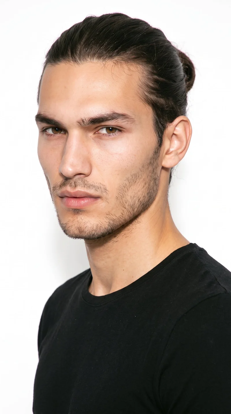 A 19-year-old Caucasian man with lightly tanned fair skin and a cool undertone. His face has sharp, angular features, a defined jaw, and pronounced cheekbones. He has thin eyebrows, blue eyes with a cool undertone, and thin lips. His dark-brown hair is gathered into a knot at the back with the sides drawn up, and dense stubble forms a dark, defined layer across the beard area.