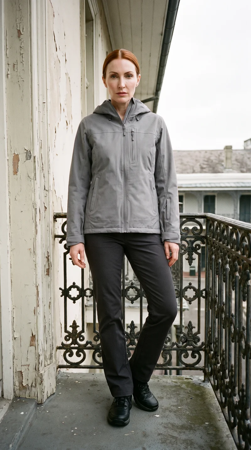 Women's Grey Shell Ski Jacket, Full body at Front, Natural E-Commerce lighting