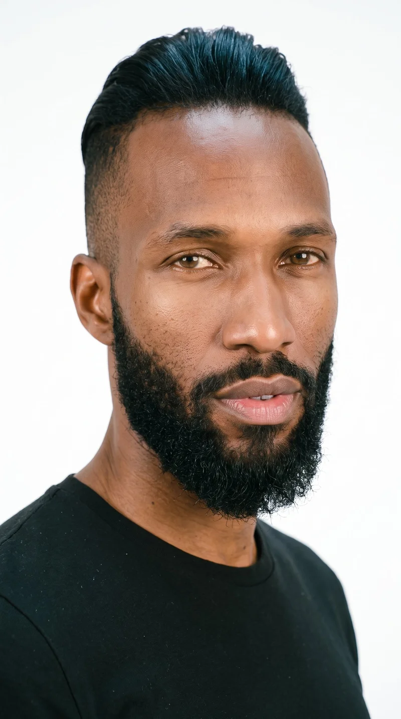 A 35-year-old African man with medium-brown skin and a neutral undertone has a long face that is more elongated than wide, with a tall forehead and elongated cheeks. He has medium-thickness eyebrows, hazel eyes with green-gold flecks, and full lips. His black hair is styled in an undercut, with longer hair on top and markedly shorter sides and back. A full, connected beard grows evenly across his cheeks, jaw, and chin.