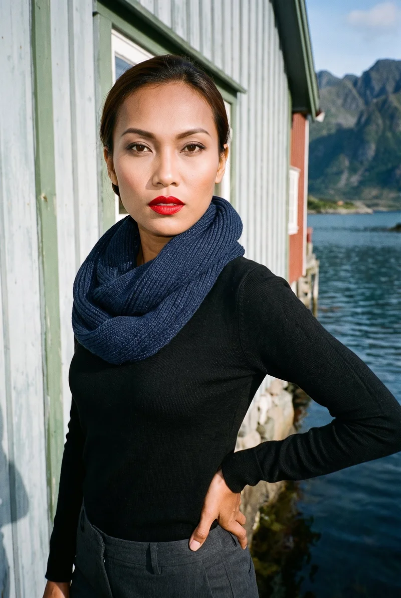 A 25-year-old Southeast Asian woman wears a navy snood in an upper-body composition, viewed from an angle with one hand on her hip. Her sultry expression and the Norwegian fjord village backdrop are visible.