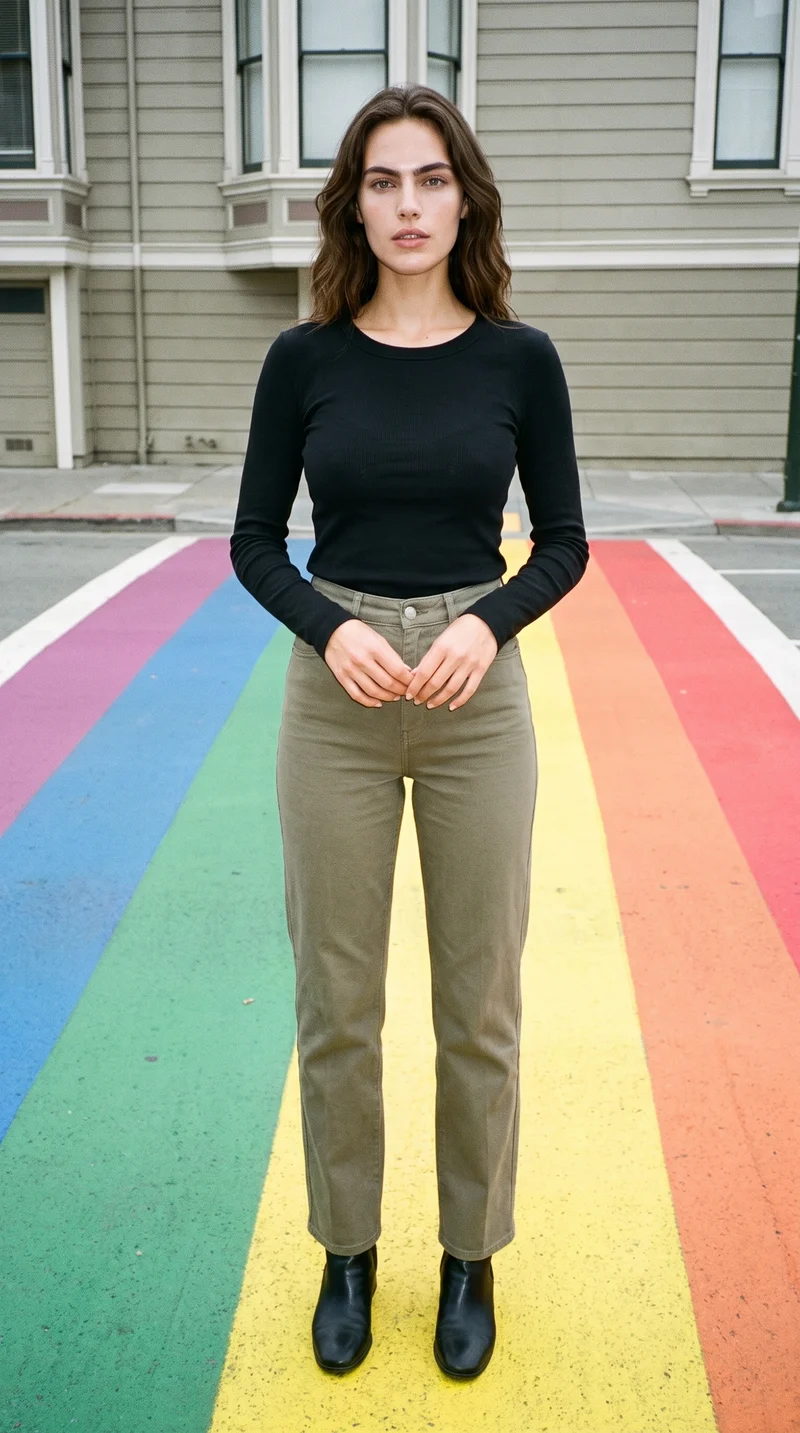 A 22-year-old Caucasian woman wears a women's black thermal top in a full-body front view, standing with her hands in front and a natural facial expression. A rainbow crosswalk and Victorian houses form the backdrop.