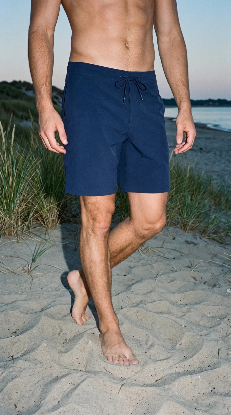 A male model is shown from the front in navy board shorts, framed from the lower body with one heel lifted. The backdrop is Martha's Vineyard Beach.