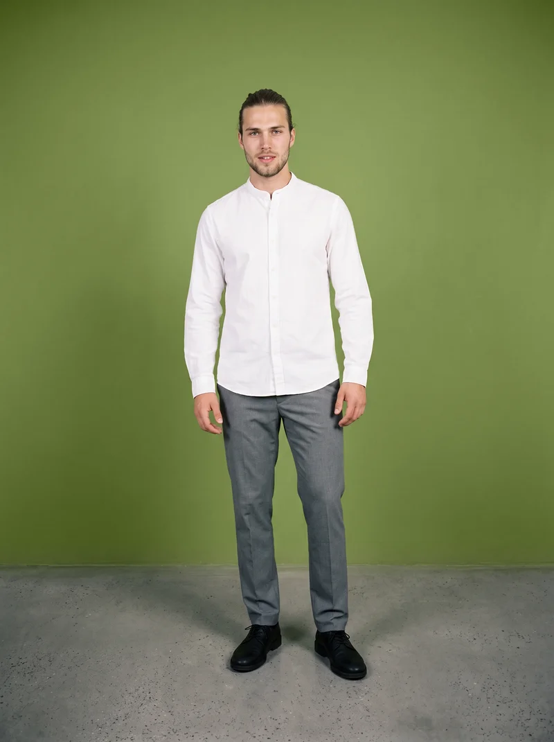 White Grandad Shirt, Full body at Front, Natural E-Commerce lighting