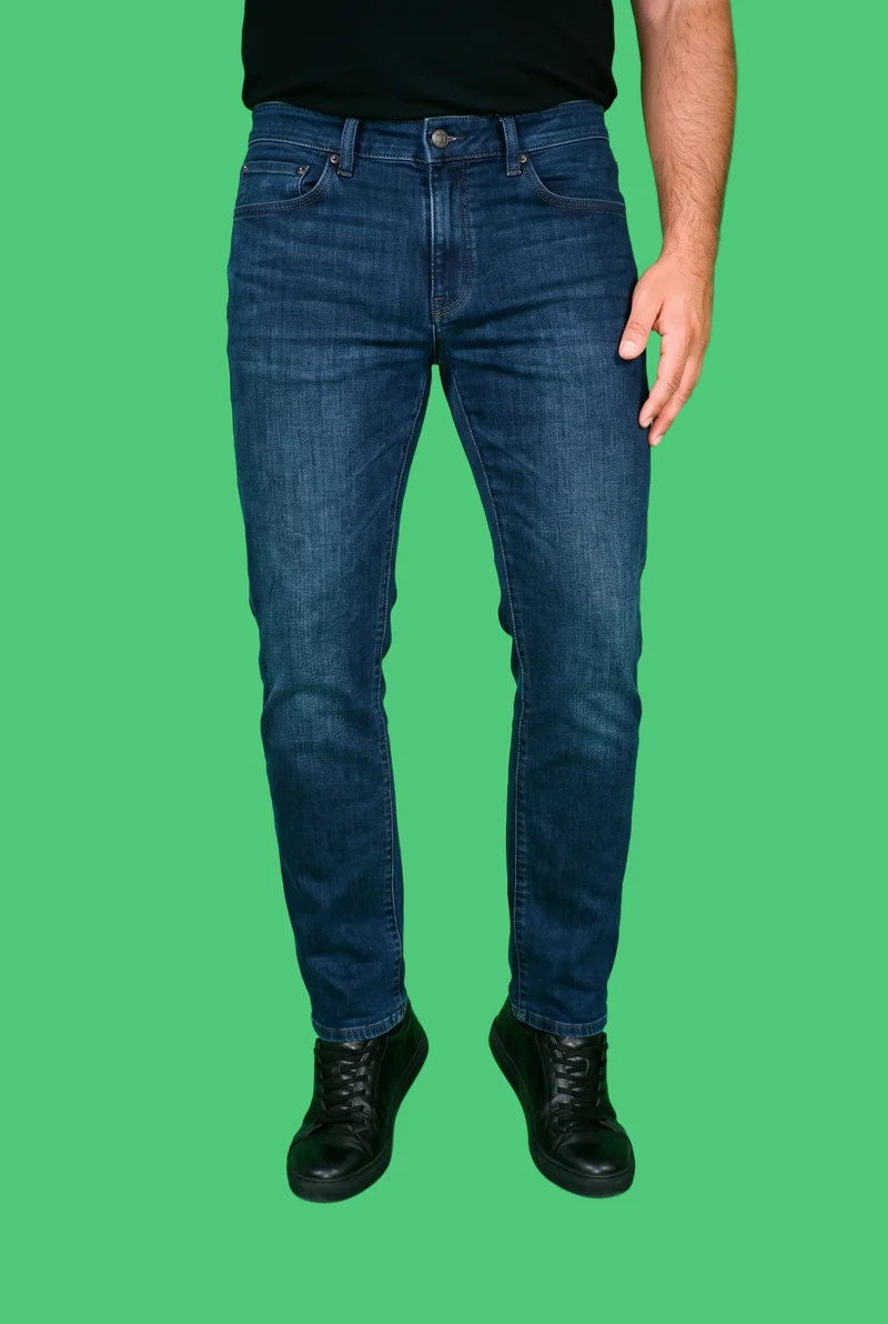 Men's Indigo Slim Jeans, Lower body at Front, Studio Cutout lighting