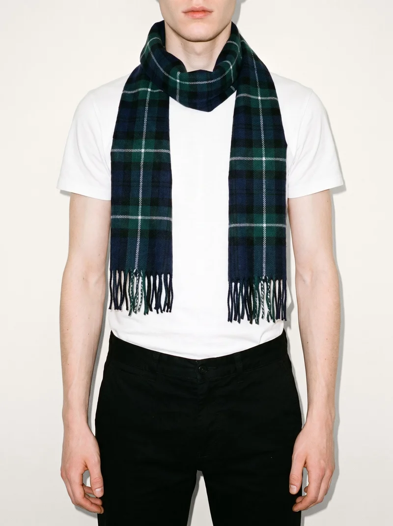 Men's Navy Checked Wool Scarf, Torso at Front, Clean Catalog lighting