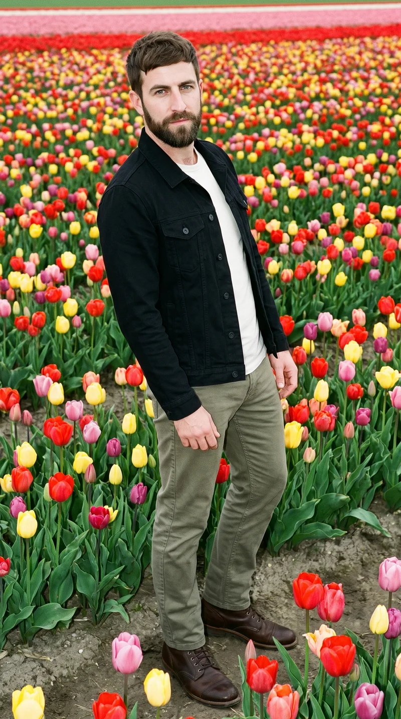 A 36-year-old Caucasian man models a black denim jacket in a full-body front view with a waist-twist pose and neutral expression. A tulip field serves as the backdrop.