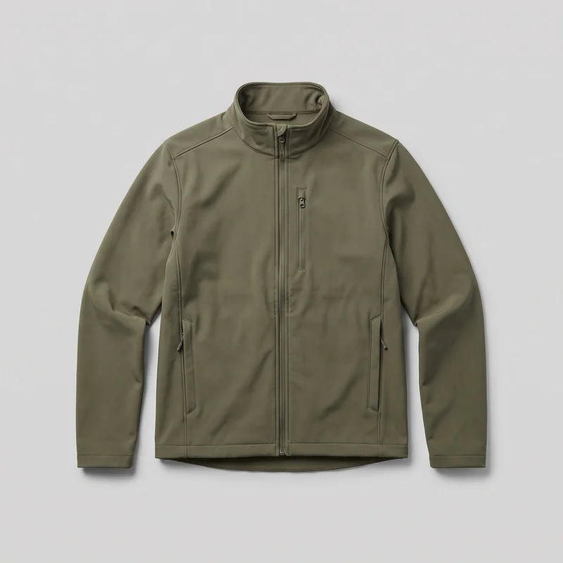 Olive men's softshell jacket shown laid flat in a standalone front view. It has a stand collar, long set-in sleeves with plain cuffs, a full-length center zipper, one vertical zip chest pocket, and two lower angled zip hand pockets with welt-style openings. The hip-length jacket has a mostly straight front hem and a slightly longer curved back hem visible below, with panel seams and stitched edging throughout.
