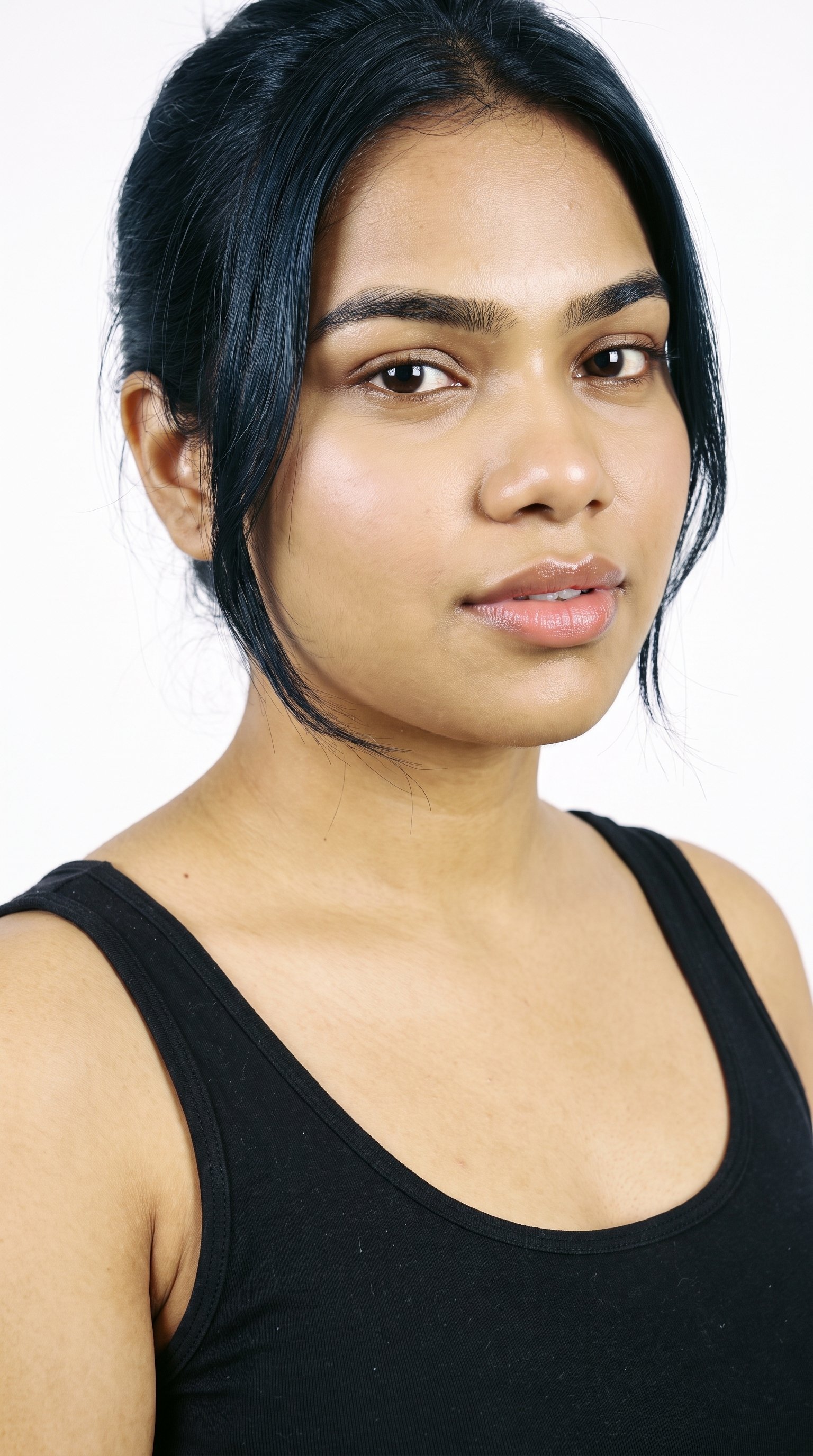 A 20-year-old Indian woman with medium olive skin and a warm greenish-golden undertone has a round face with soft, full contours, gentle curves, and few angles. She has thick eyebrows, very dark near-black eyes, and very full lips. Her deep black hair is twisted up and secured with a claw clip, with relaxed ends.