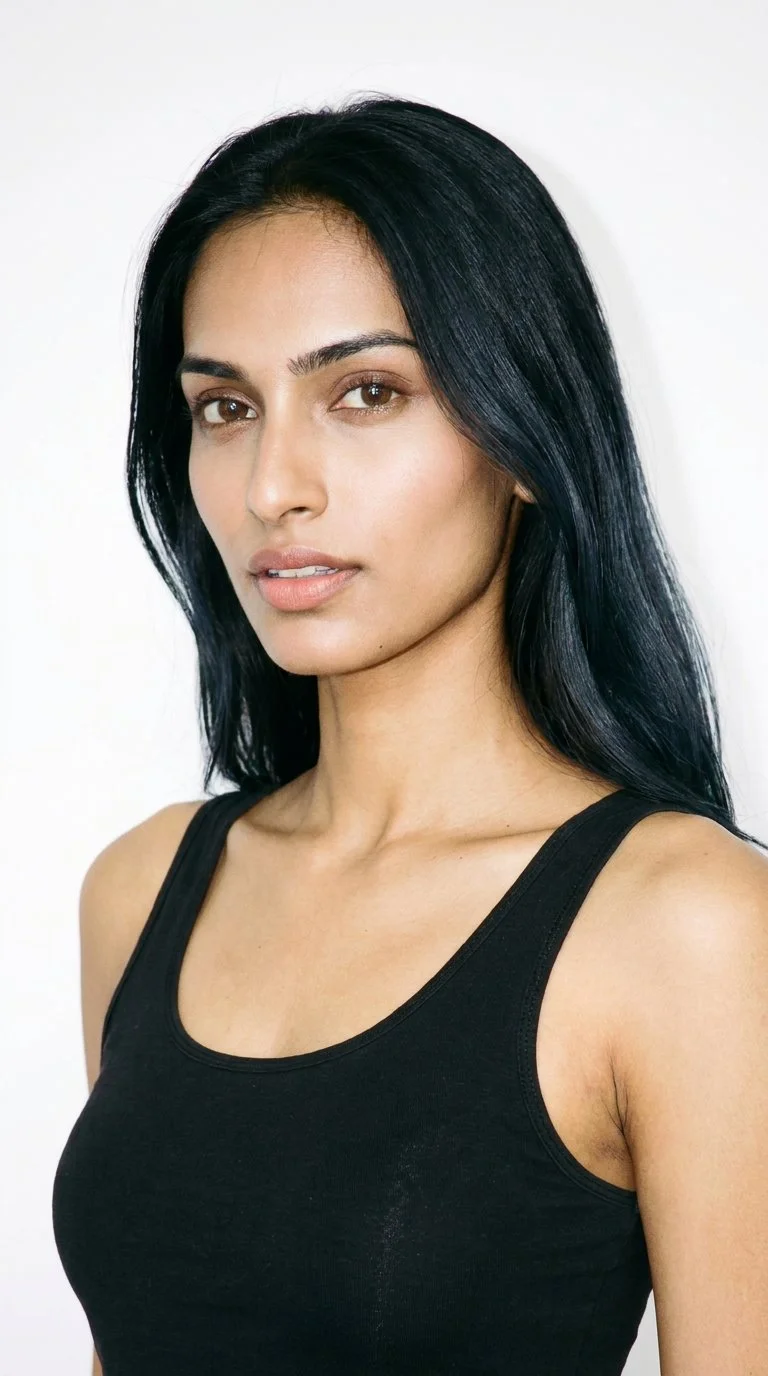 This 24-year-old Indian woman has a medium olive skin tone with a greenish-golden undertone. Her heart-shaped face has a wider forehead that narrows to a more pointed chin, framed by medium-thickness eyebrows. She has brown eyes and full lips. Her long, naturally voluminous black hair is worn loose past the shoulders.