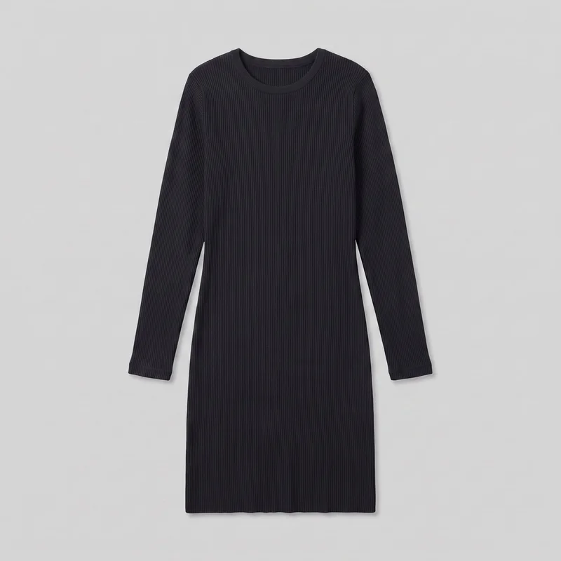 A black ribbed knit sweater dress is shown in a complete flat product view. It has a crew neckline with a narrow ribbed neckband, set-in shoulders, full-length sleeves with narrow ribbed cuffs, a slim straight silhouette, continuous vertical ribbing, and a straight knee-to-midi-length hem.