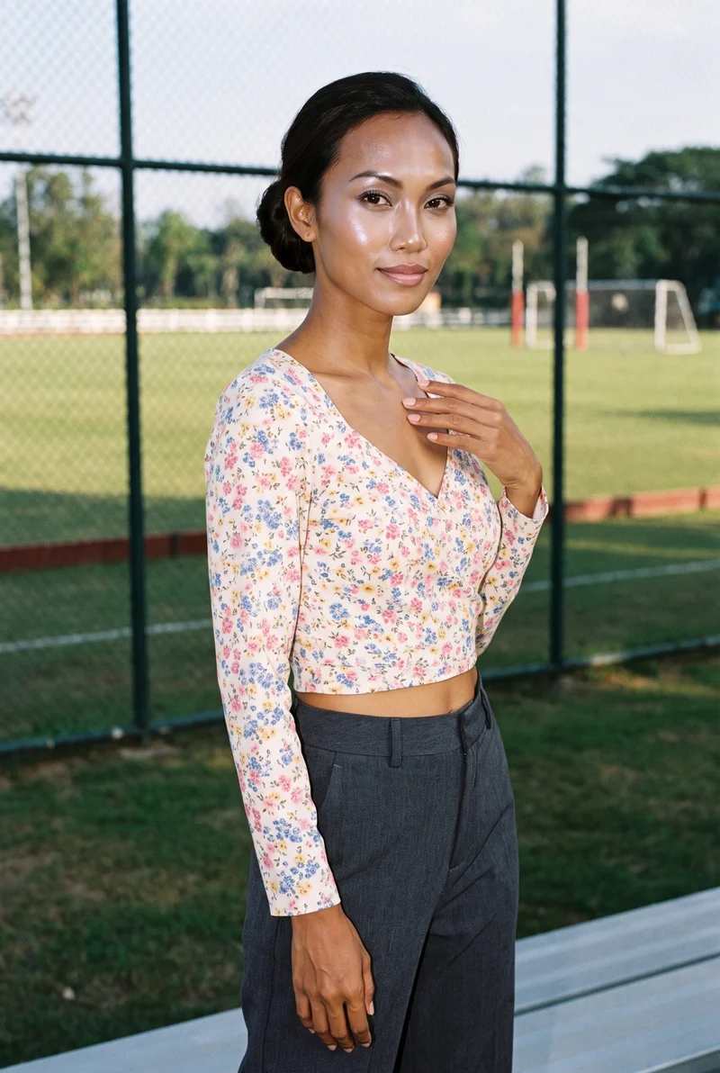 A 25-year-old Southeast Asian woman wears a floral print wrap top in an upper-body view from a front three-quarter angle. She is smiling with her fingers positioned at her chest, against a polo field backdrop.