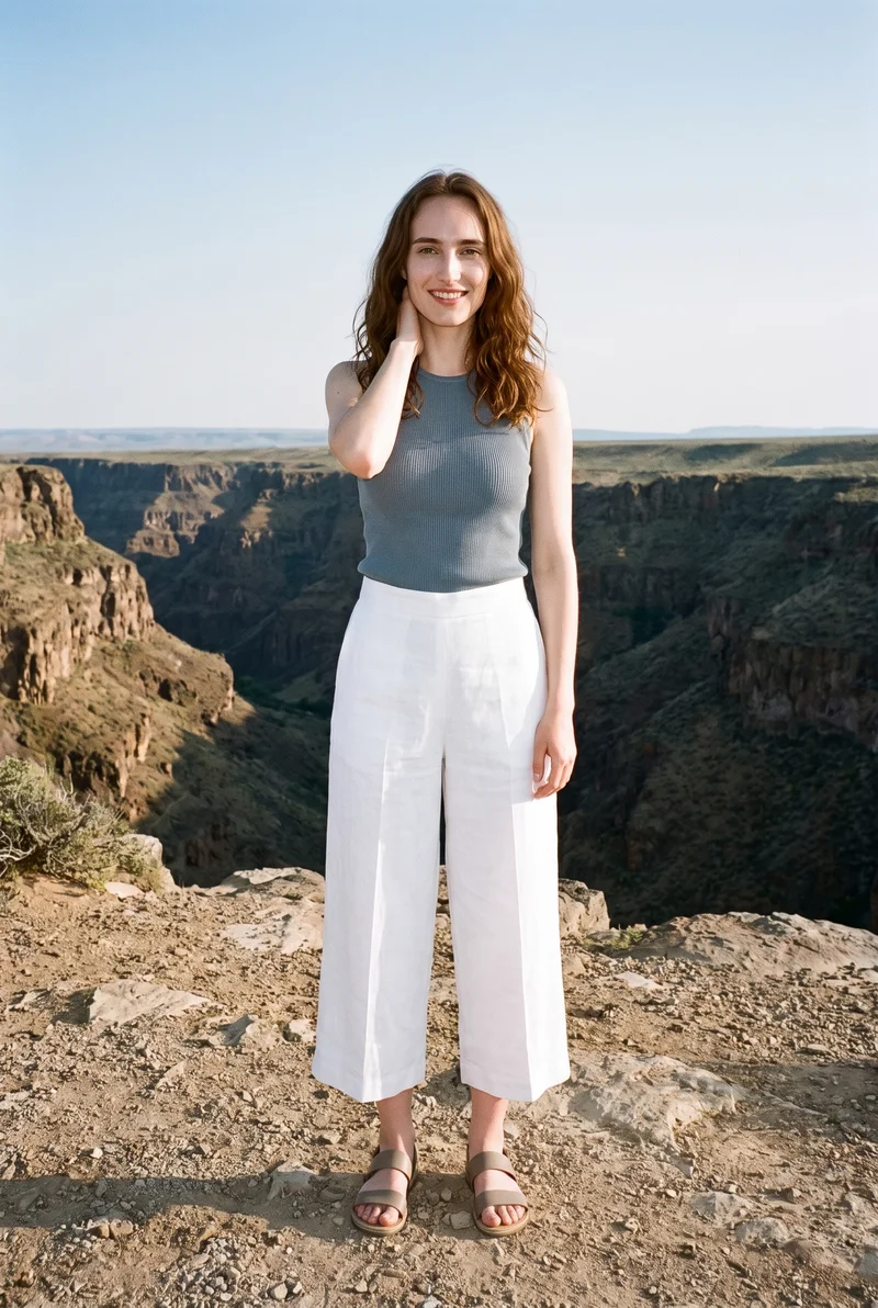 A 21-year-old Slavic woman is shown full body from the front, wearing white linen culottes. She is smiling and posing with one hand behind her neck, against a canyon-edge backdrop.