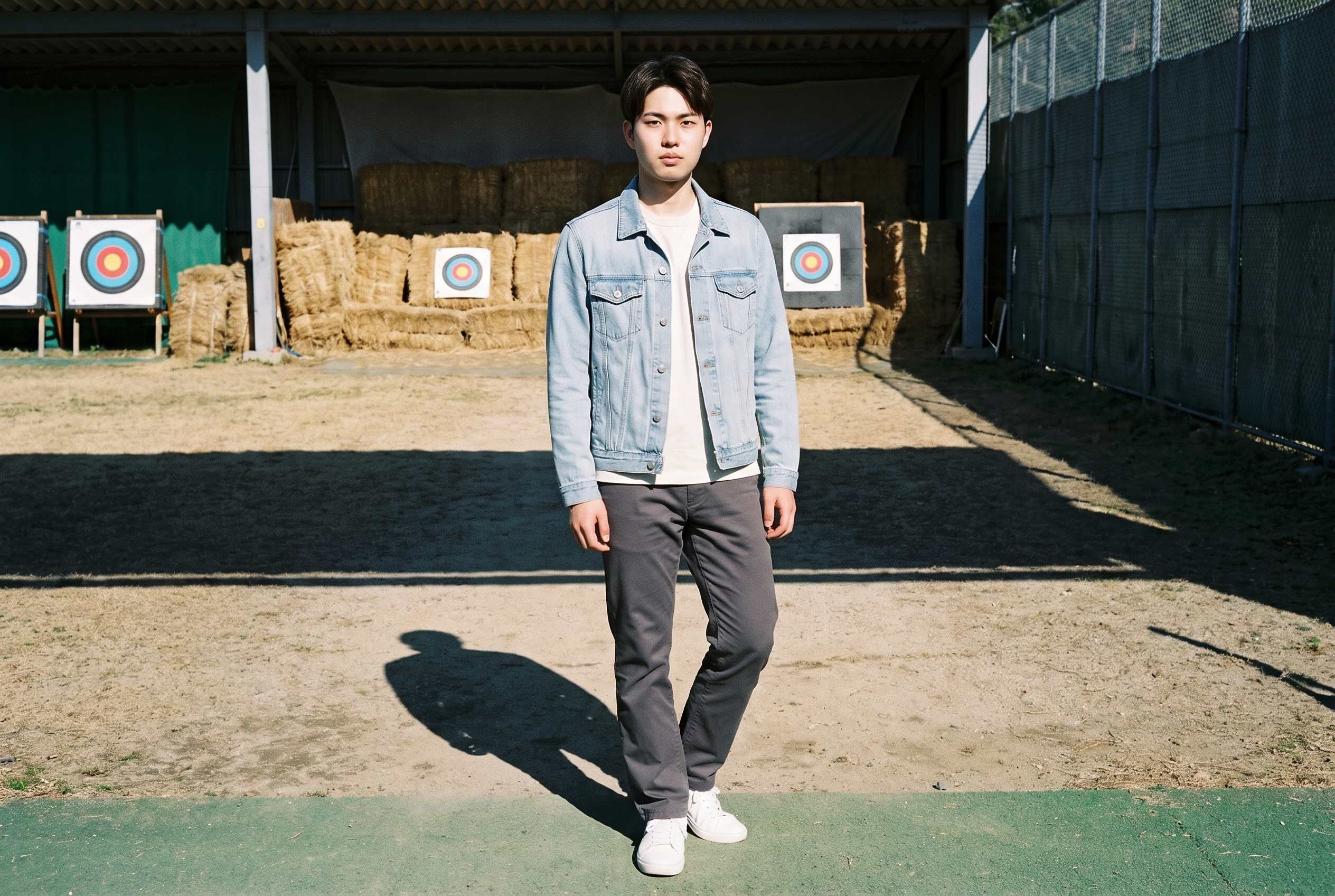 A 22-year-old Japanese male model wears a men's light wash denim jacket in a full-body front view. He stands with his weight shifted back and a neutral expression, with an archery range as the backdrop.