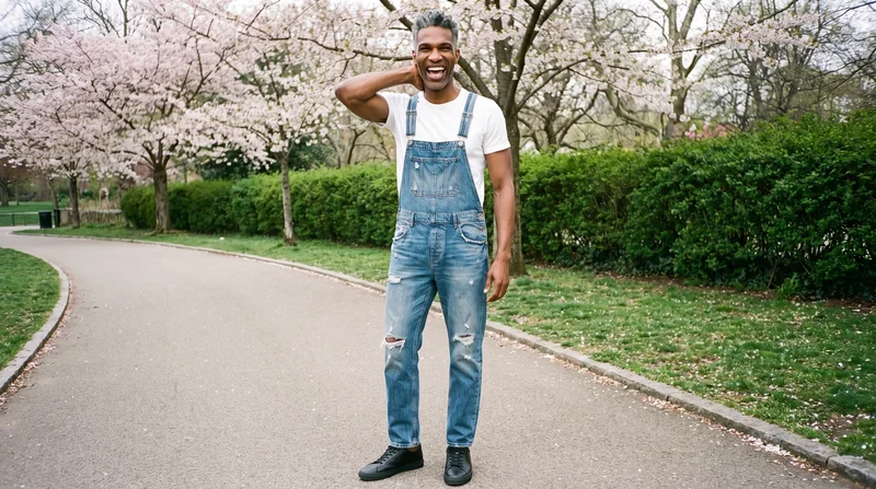 A 38-year-old African male model wears men's distressed denim dungarees in a full-body front three-quarter view. He is laughing with one hand behind his neck, against a Cherry Blossom Park backdrop.