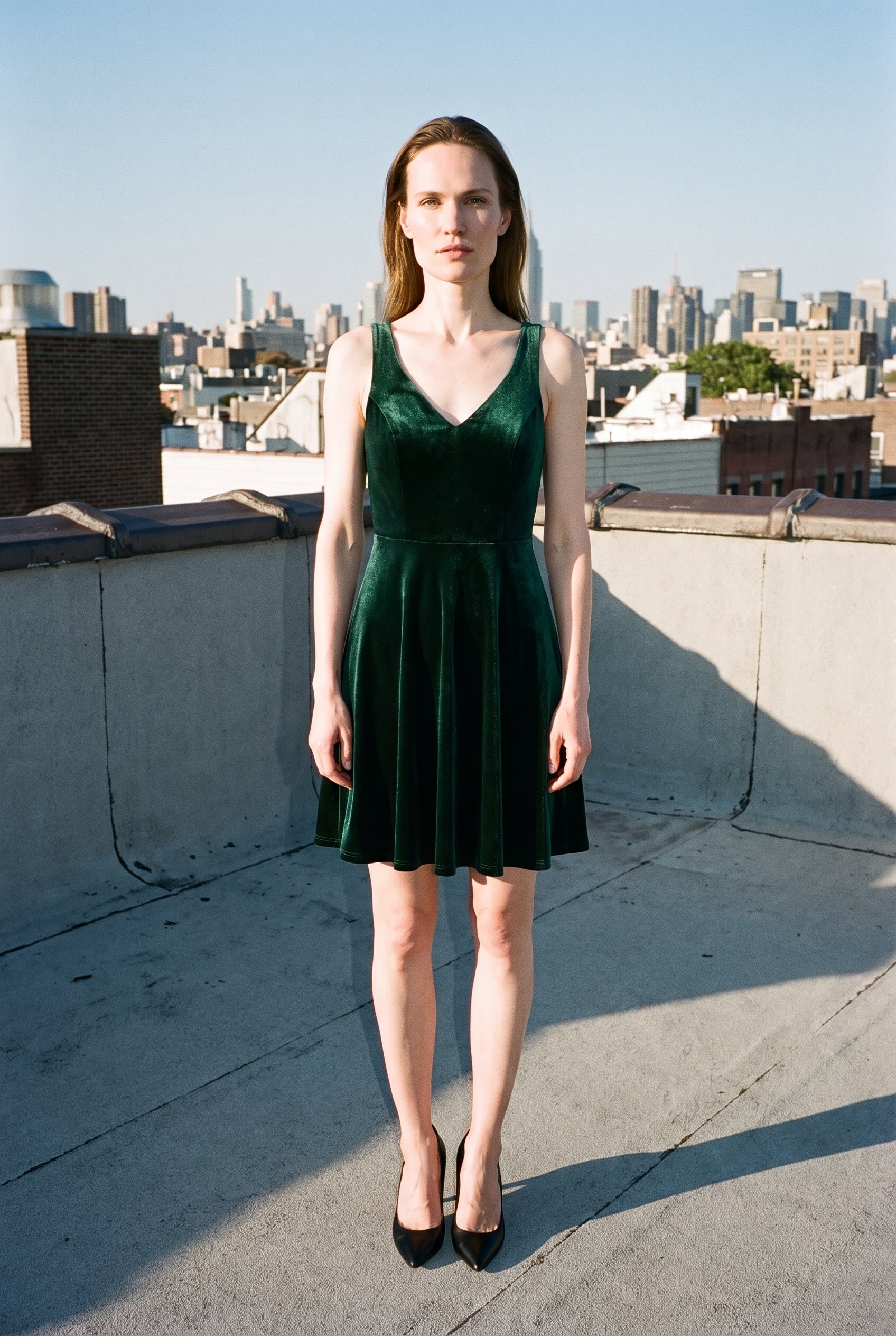 A 38-year-old Slavic woman stands straight in a full-body front view wearing an emerald velvet cocktail dress. The rooftop cityscape appears as the backdrop, with an editorial facial expression.