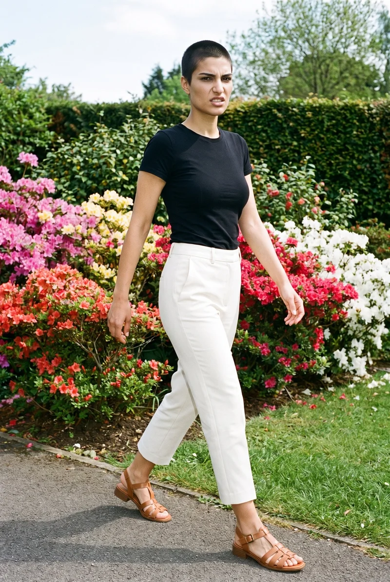 A 27-year-old Turkish woman walks in women's tan strappy sandals, shown in a full-body angled front view. An azalea garden forms the backdrop.