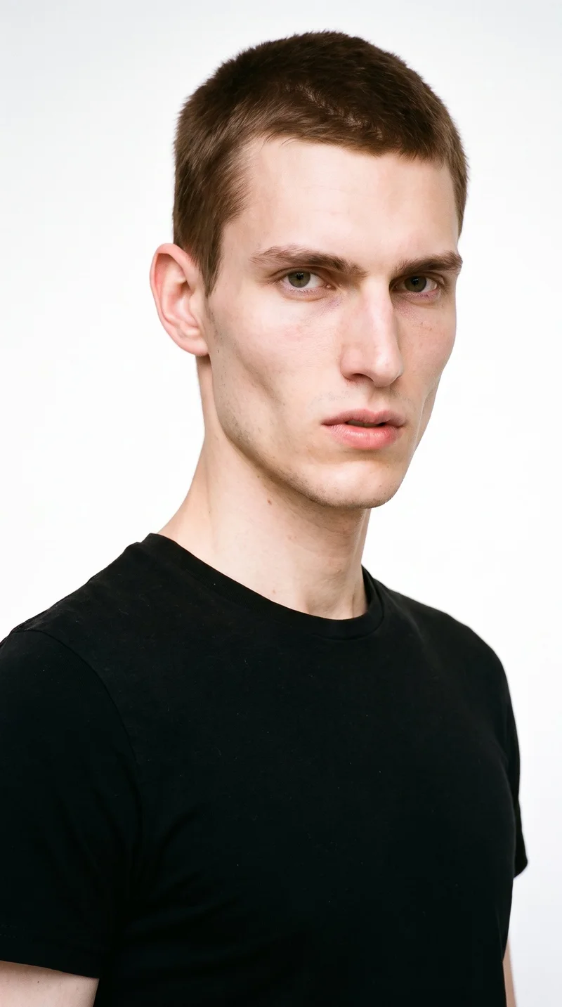 A 20-year-old Caucasian man with very pale, neutral-toned skin has a chiseled face with sharp, angular features, a defined jaw, and pronounced cheekbones. His eyebrows are thin, and his eyes are brown. He has thin lips and a short, tapered chestnut-brown crew cut with a reddish undertone, slightly longer on top than at the sides. He is clean-shaven, with smooth skin across his entire face.