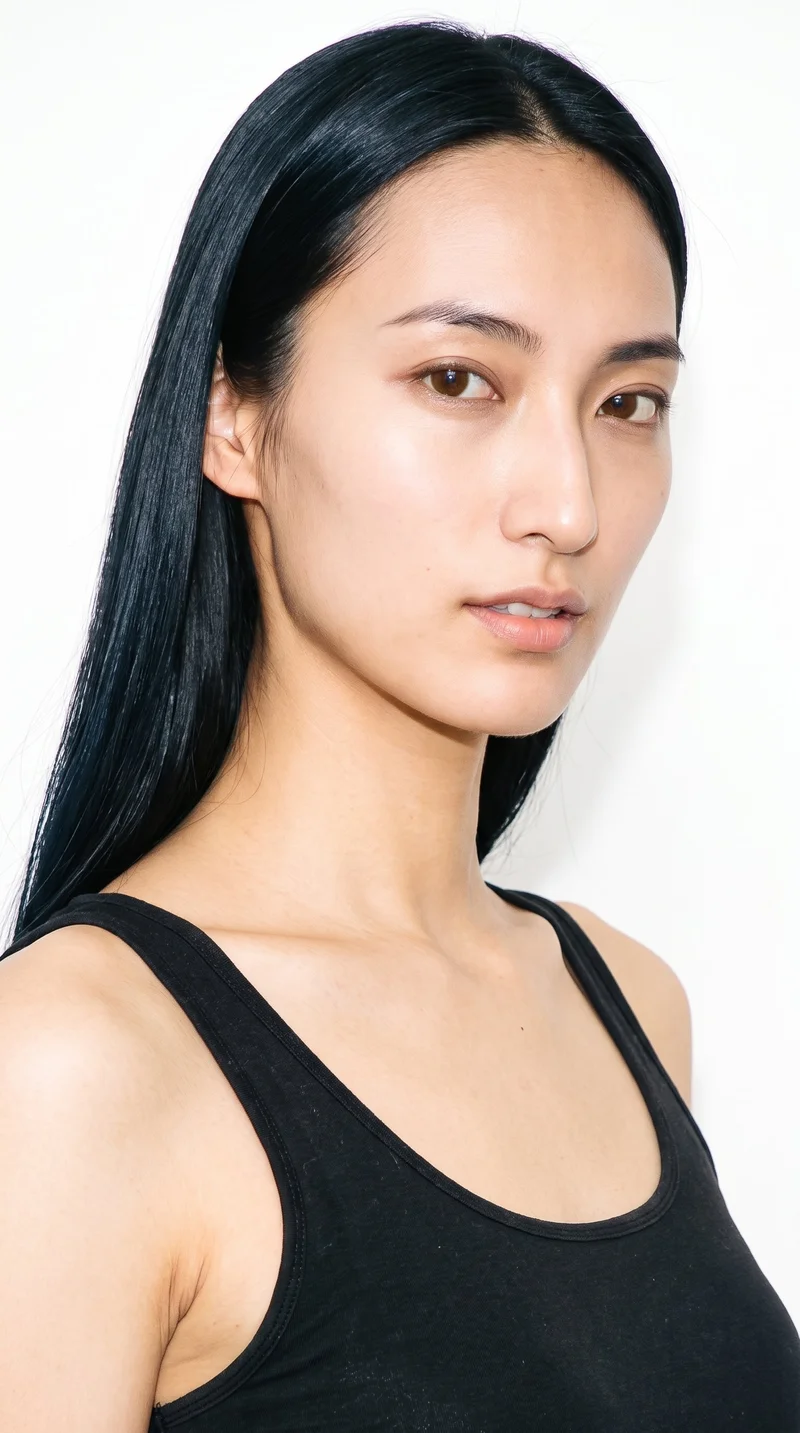 A 25-year-old Japanese woman with fair skin and a warm yellow undertone. Her face is elongated with refined features and high cheekbones. She has thin eyebrows, brown eyes, and medium-sized lips. Her deep black hair is long and falls straight without waves or layers.
