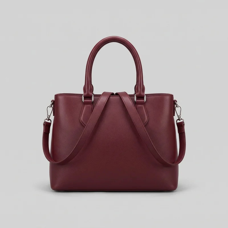 A burgundy structured tote shoulder bag is shown alone in a front view. The rectangular bag has a straight top edge, softly rounded upper corners, a flat base, two padded rolled handles, and a detachable shoulder strap draped across the front. Pebbled material, topstitched edges, side seam panels, reinforced handle bases, and metal swivel clips are visible.