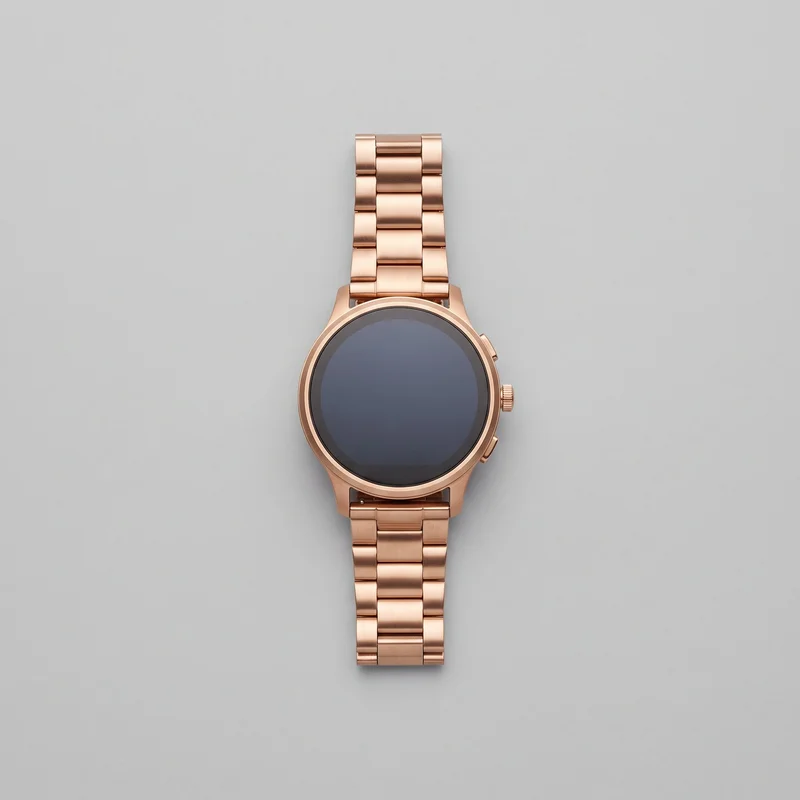 A complete rose gold smartwatch lies flat in a straight vertical layout, viewed from above. It has a smooth round case with a plain inactive face, three side controls including a ridged crown between two pushers, and a multi-link bracelet with broad center links and narrower side links extending above and below the case.