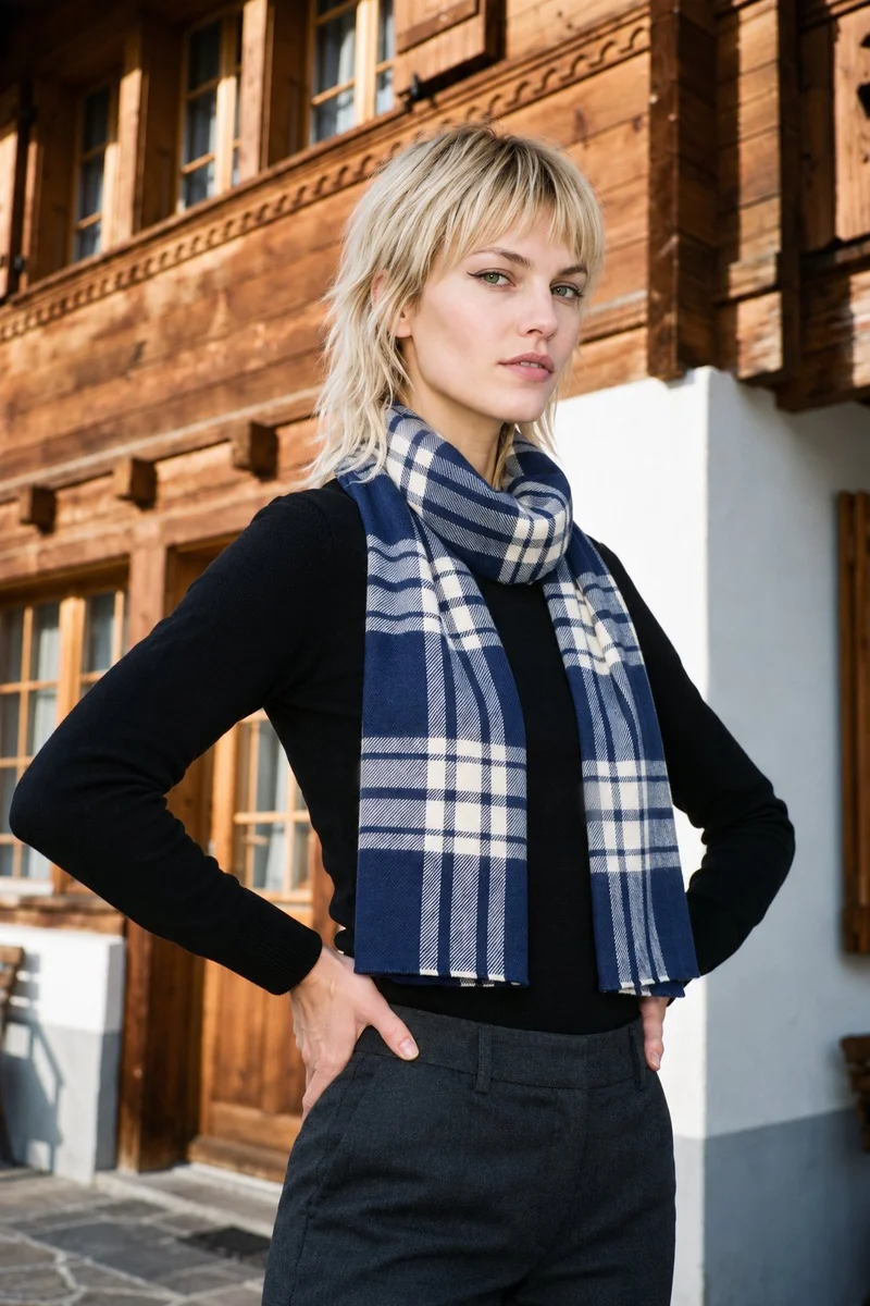 A 22-year-old Caucasian woman is shown from the upper body at an angled front view, wearing a navy checked wool scarf. She stands with her hands on her hips and a confident expression against a Swiss Alpine Village backdrop.