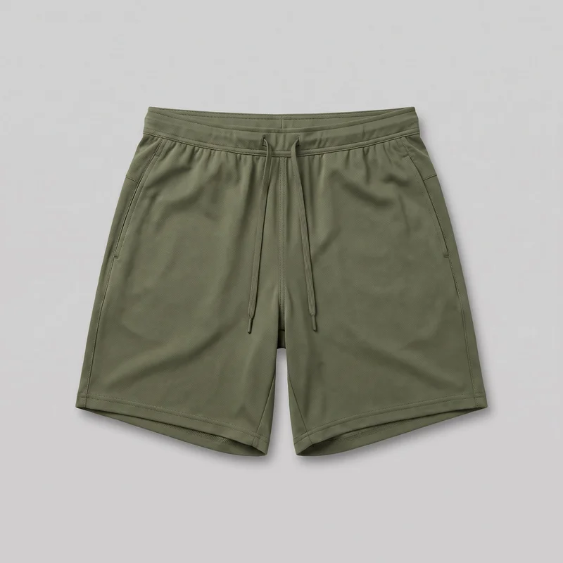 A standalone front view shows a full pair of men's olive training shorts laid flat. The shorts have a relaxed straight-leg silhouette, an above-knee length, a wide elastic waistband with multiple rows of topstitching, a centered front drawcord with two capped ends, slanted front pockets, vertical side panel seams, and straight double-stitched hems.