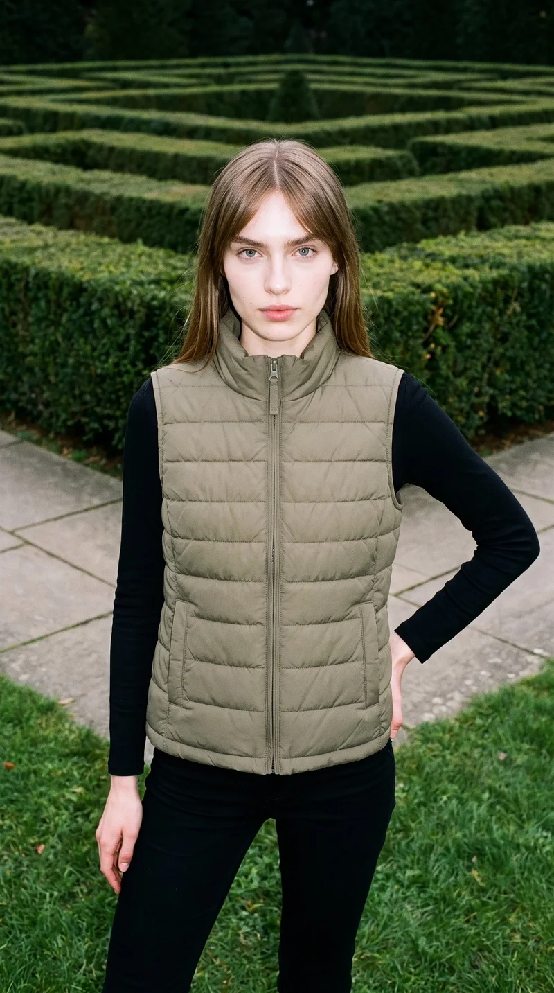 A 22-year-old Slavic woman wears a women's olive gilet in a three-quarter-length front view, standing with one hand on her hip and a neutral expression. The garden maze formal backdrop frames the outfit.