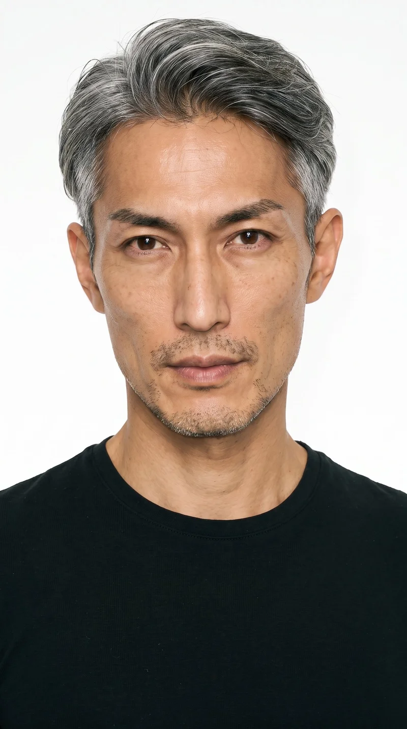 A 37-year-old Japanese man with a medium, evenly warm yellow-toned complexion and East Asian facial features. His face is lean and gaunt, with hollowed cheeks and sharply defined bone structure. He has thin eyebrows, very dark near-black eyes, and full lips. His gray hair is styled in a two-block cut, with short sides and back contrasted by a longer, fuller top. Fine, closely trimmed stubble lightly covers the beard area.