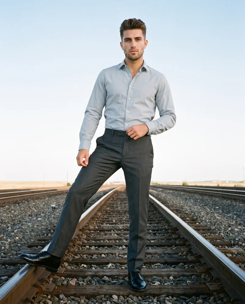 A 25-year-old Caucasian man wears men's charcoal suit trousers in a front-view environmental composition, standing with one foot forward and a natural expression. Train tracks form the backdrop.