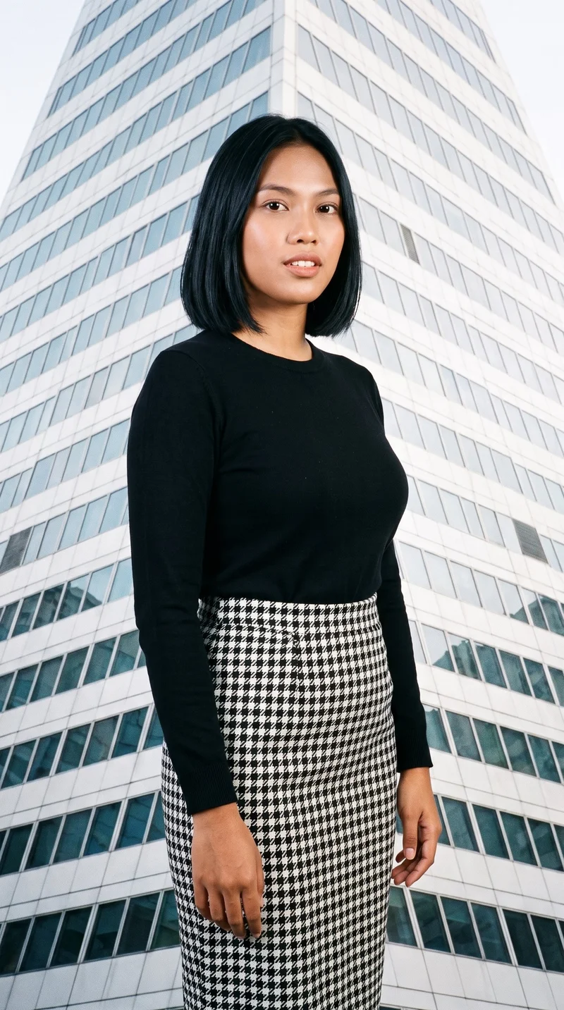 A 20-year-old Southeast Asian woman stands straight in an angled-front, three-quarter-length view wearing a houndstooth pencil skirt. The image has a natural facial expression and a Pyramid Building backdrop shown from a low angle.