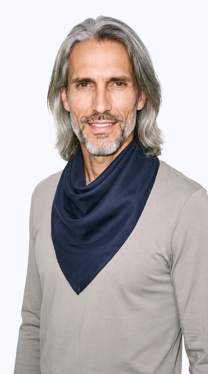 Men's Navy Silk Scarf, Upper body at Three-quarter, Studio Cutout lighting