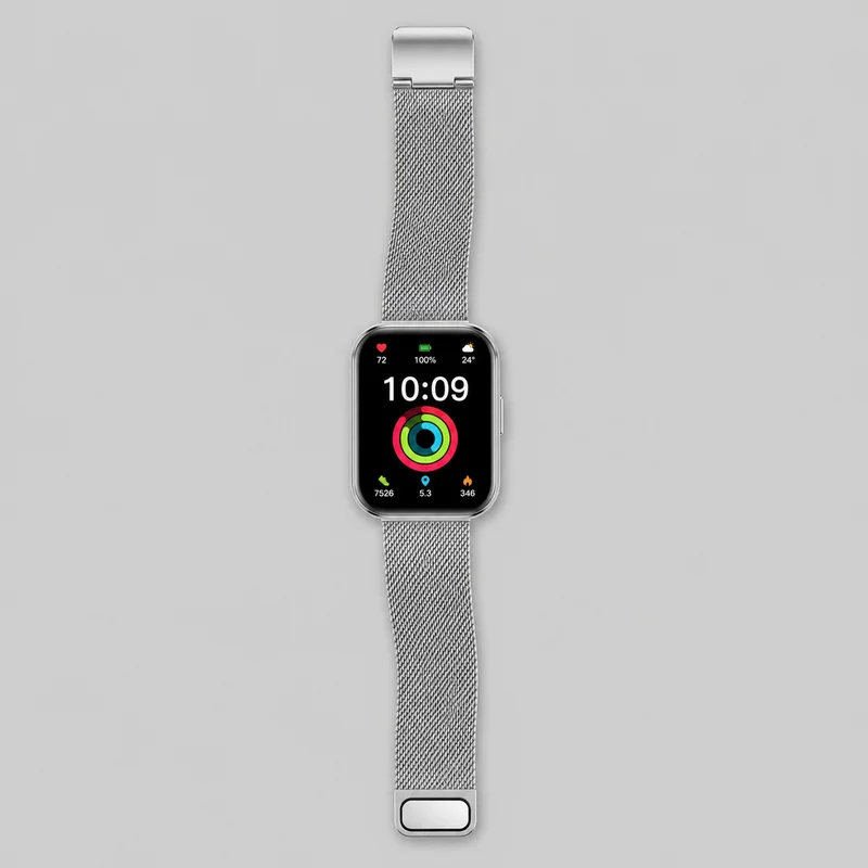 A complete silver smartwatch lies flat against the backdrop, viewed from above. Its rounded-rectangle touchscreen case is centered on a straight mesh bracelet extended vertically, with a raised side crown or button, rectangular end links, and visible folded and adjustable clasp components. The digital display shows the time, status icons, and circular activity-ring graphics.