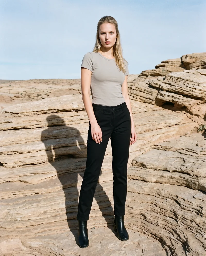 A 20-year-old Caucasian woman wears women's black chinos in a full-body front view. She holds a waist-twist pose with a serious expression against a Badlands backdrop.