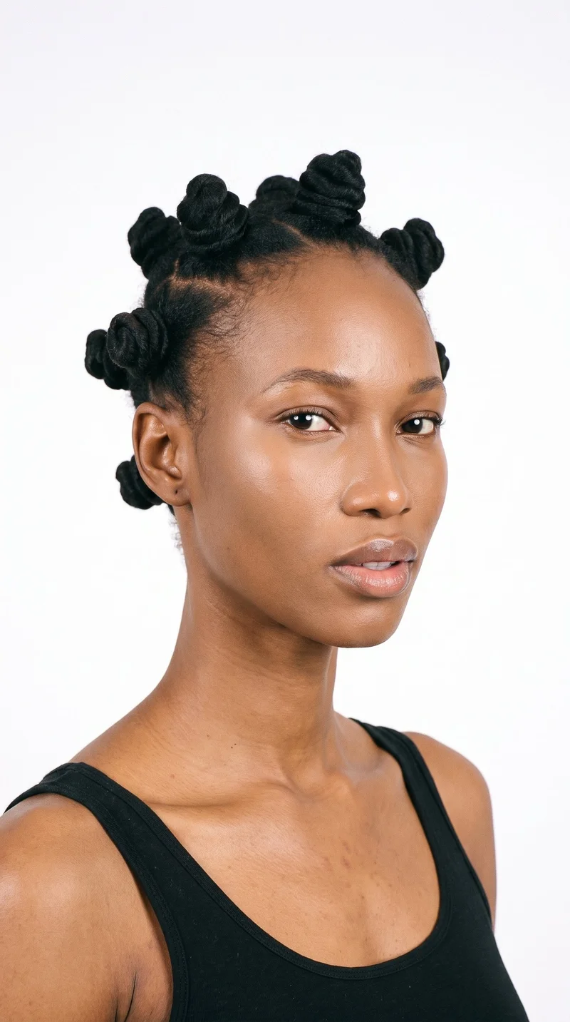 She is a 24-year-old African woman with golden-brown skin and a cool undertone. Her face is long, with more length than width, a tall forehead, and elongated cheeks. She has medium-thickness eyebrows, brown eyes, and very full lips. Her black hair is sectioned and wrapped into small, rounded Bantu knots across her head.