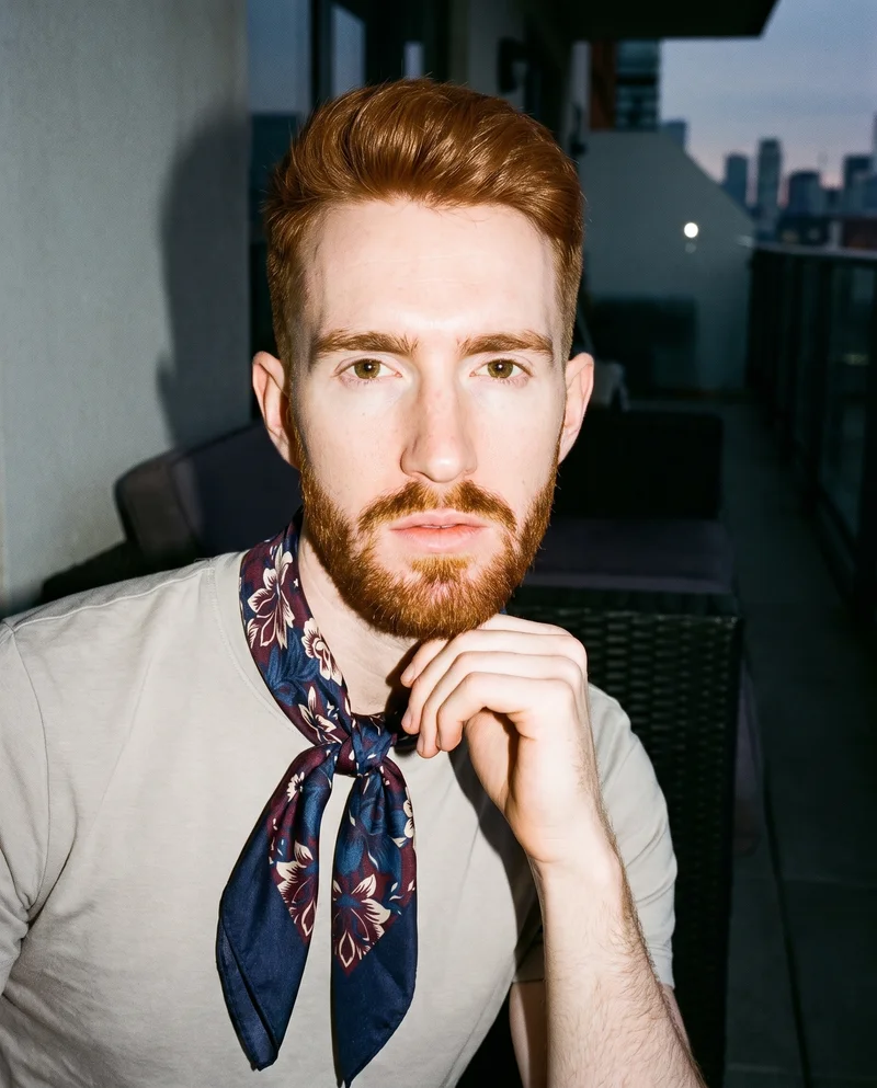Men's Floral Print Silk Scarf, Bust at Front, Flash Editorial lighting