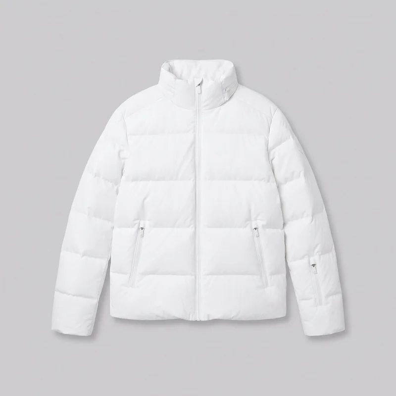 A men's white padded ski jacket is shown laid flat in a mostly complete front view against a backdrop. The jacket has a boxy hip-length cut, a high stand collar, full-length sleeves, a straight hem, broad horizontal quilted baffle panels, a full-length center zipper, two angled lower front zip pockets, and a vertical zip pocket on one sleeve. No logos, prints, patches, embroidery, or embellishments are visible.