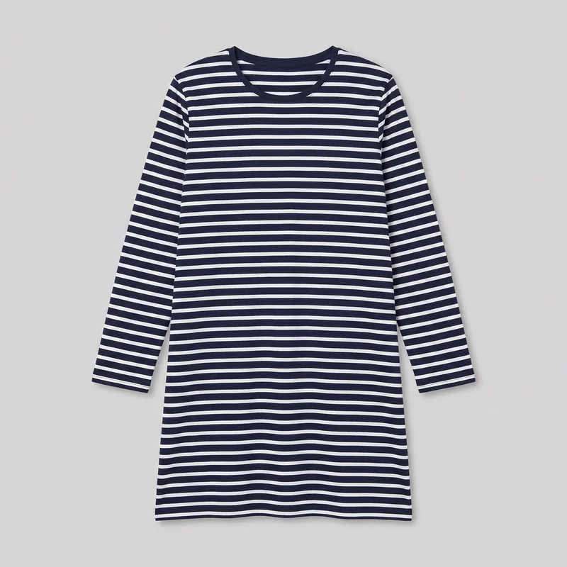 A complete flat front view of a women's long-sleeve striped jersey nightdress. It has a round crew neckline with narrow binding, straight full-length sleeves, a relaxed silhouette, a short sleep-dress length, and a straight bottom hem. Horizontal stripes cover the body and sleeves.