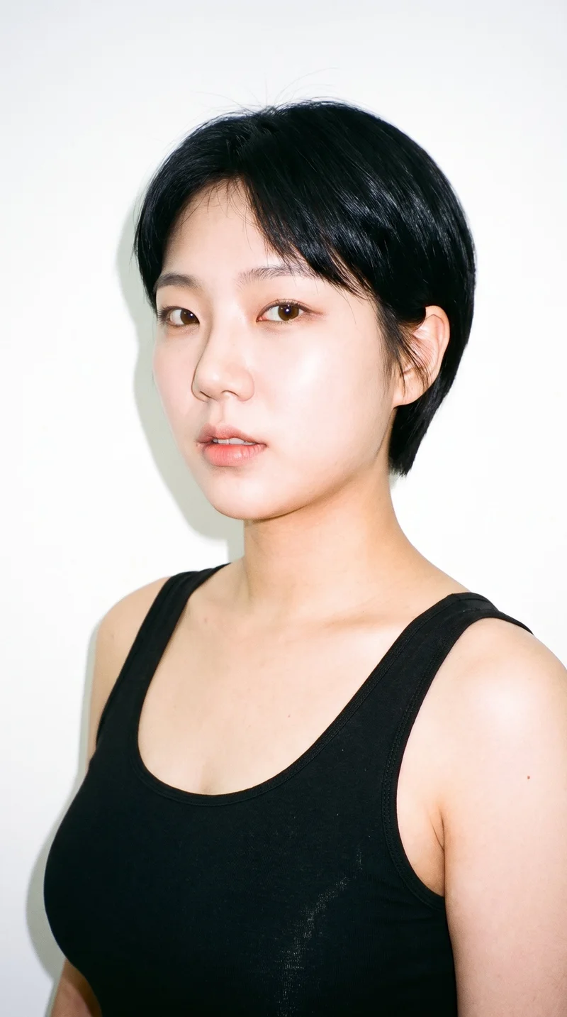 A 25-year-old Korean woman with medium skin and a cool undertone has a soft, youthful baby face with full cheeks and rounded contours. Her thick eyebrows frame brown eyes, and her lips are medium in fullness. She wears her deep black hair cut short and even.
