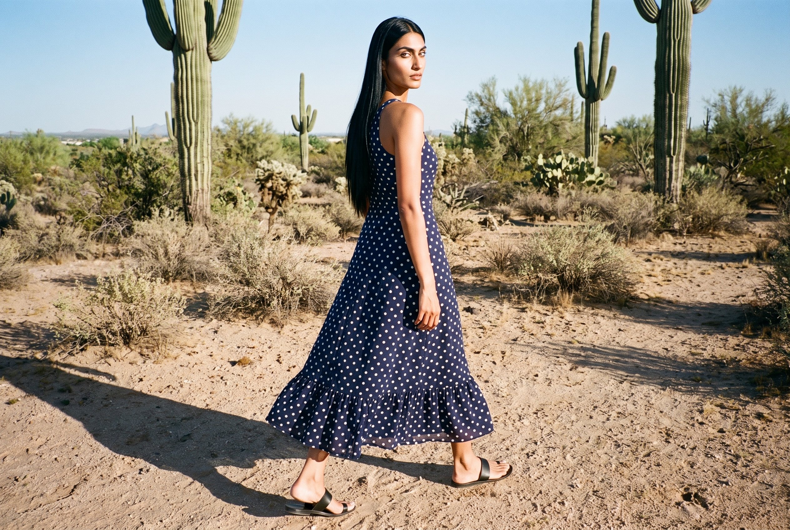 A 22-year-old Indian woman is shown full body from an angled rear view while walking in a navy polka-dot midi dress. A cactus desert backdrop surrounds the scene.