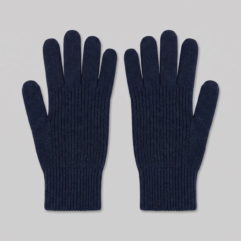 A complete pair of navy full-finger gloves is laid flat, viewed from the back-of-hand side. The gloves have separate rounded fingertips, inset thumbs, long straight cuffs with vertical ribbing extending across the hands and fingers, and subtle seams and gussets around the fingers and thumbs.