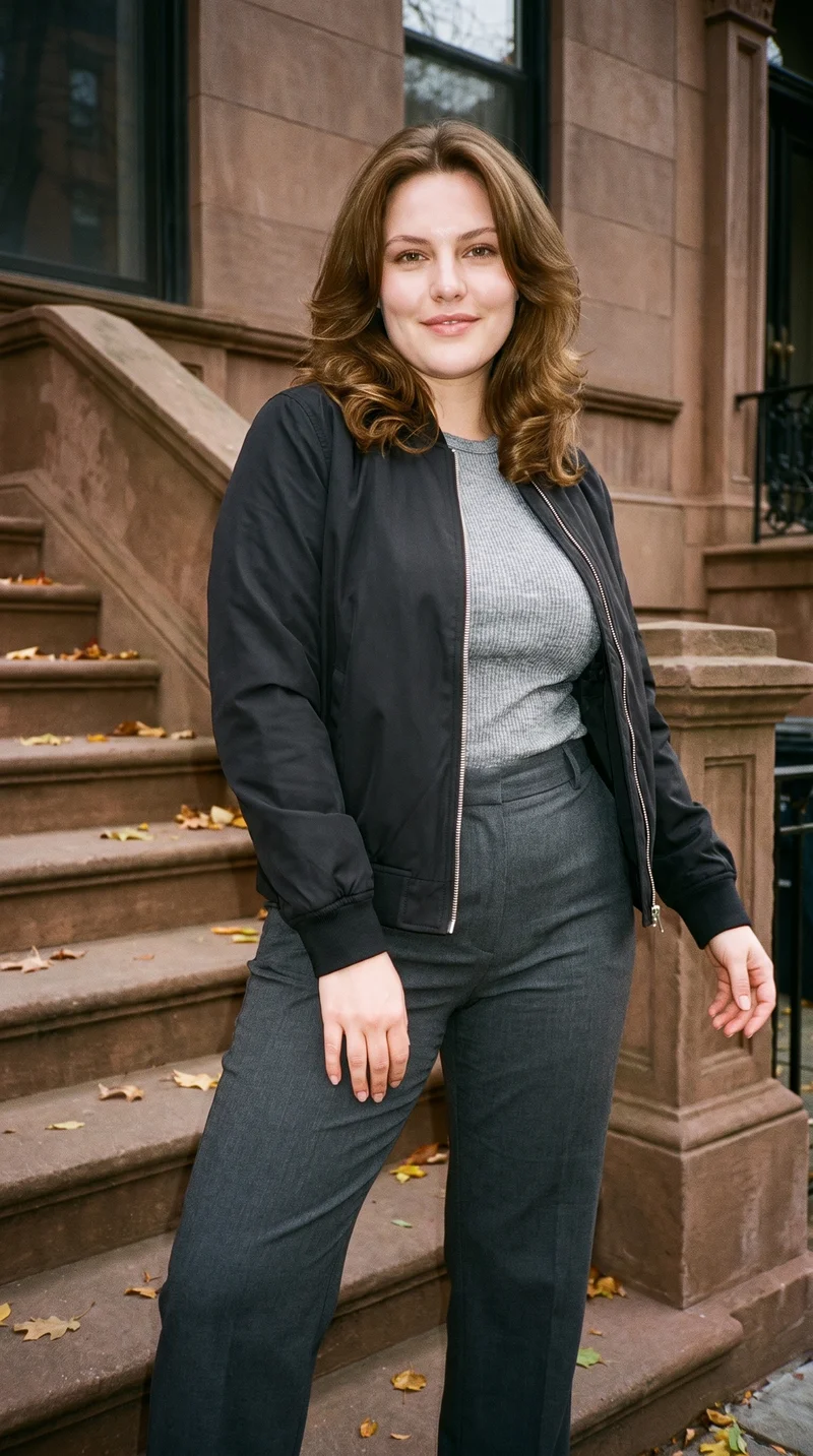 Women's Black Bomber Jacket, Three-quarter length at Front, Natural E-Commerce lighting