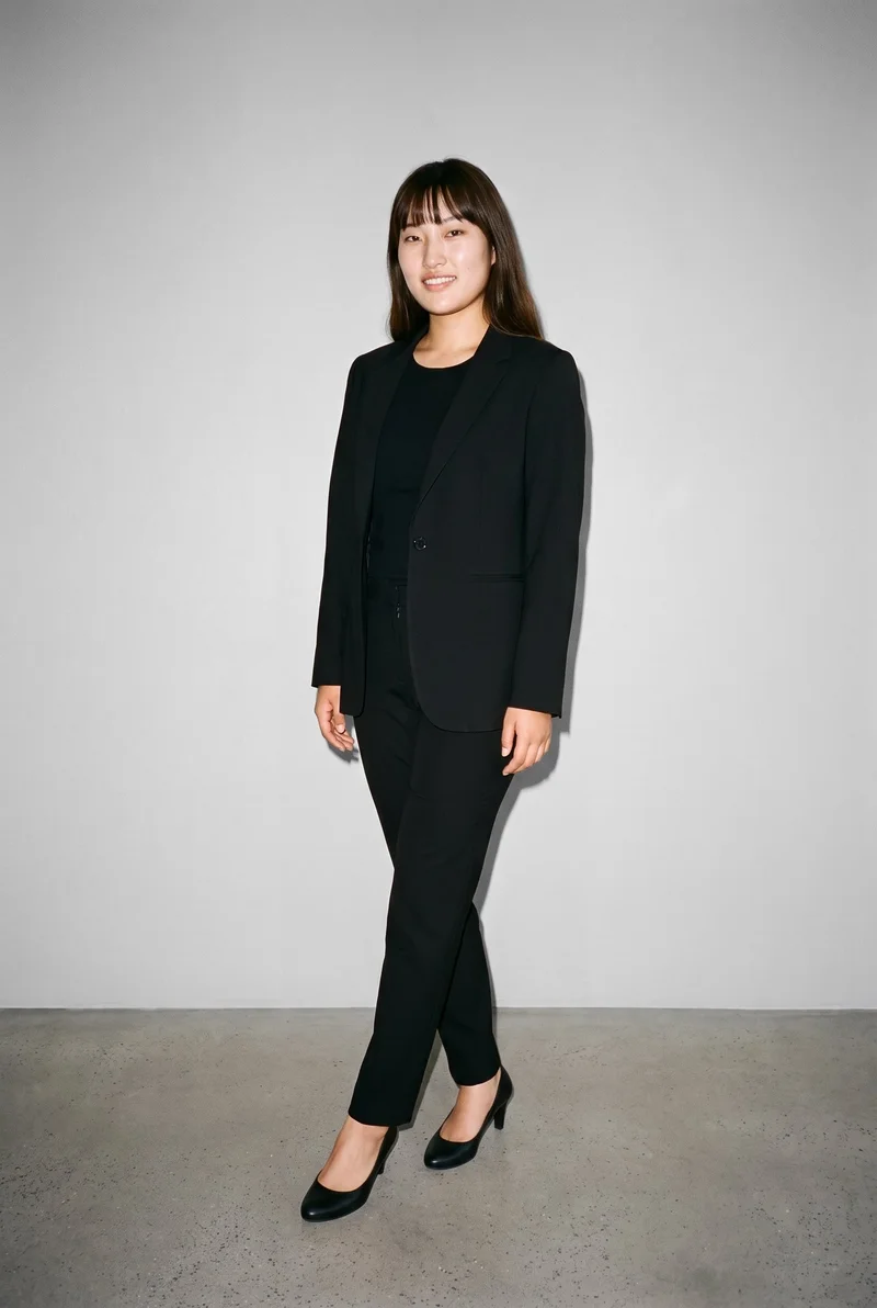 A 19-year-old Chinese woman wears a black tailored trouser suit in a full-body angled-front view. She stands with her ankles crossed and a natural facial expression against a Silver Mist studio-wall backdrop.