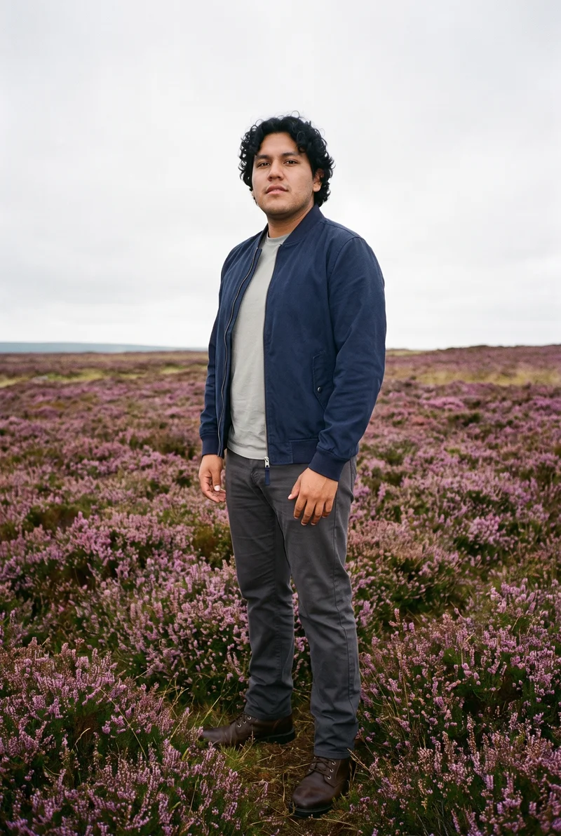 A 25-year-old Indigenous American man wears a navy bomber jacket in a full-body front view. He is posed with a waist twist and a confident expression against a Scottish Highlands moor backdrop.