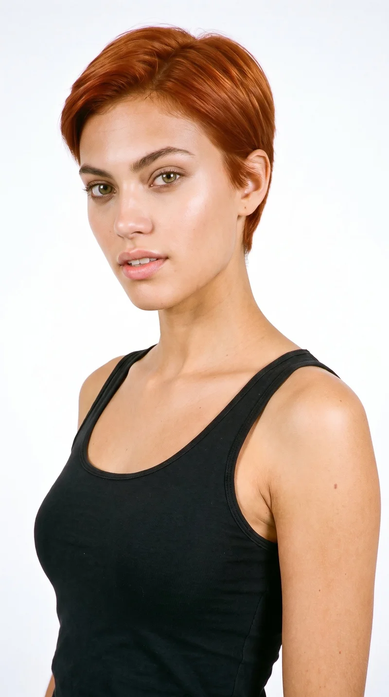 An 18-year-old Caucasian woman with medium olive skin and a cool undertone. Her heart-shaped face has a wider forehead that narrows to a pointed chin, with thin eyebrows, green eyes, and full lips. Her vivid red hair is styled in a very short pixie cut, close at the sides with more length on top.