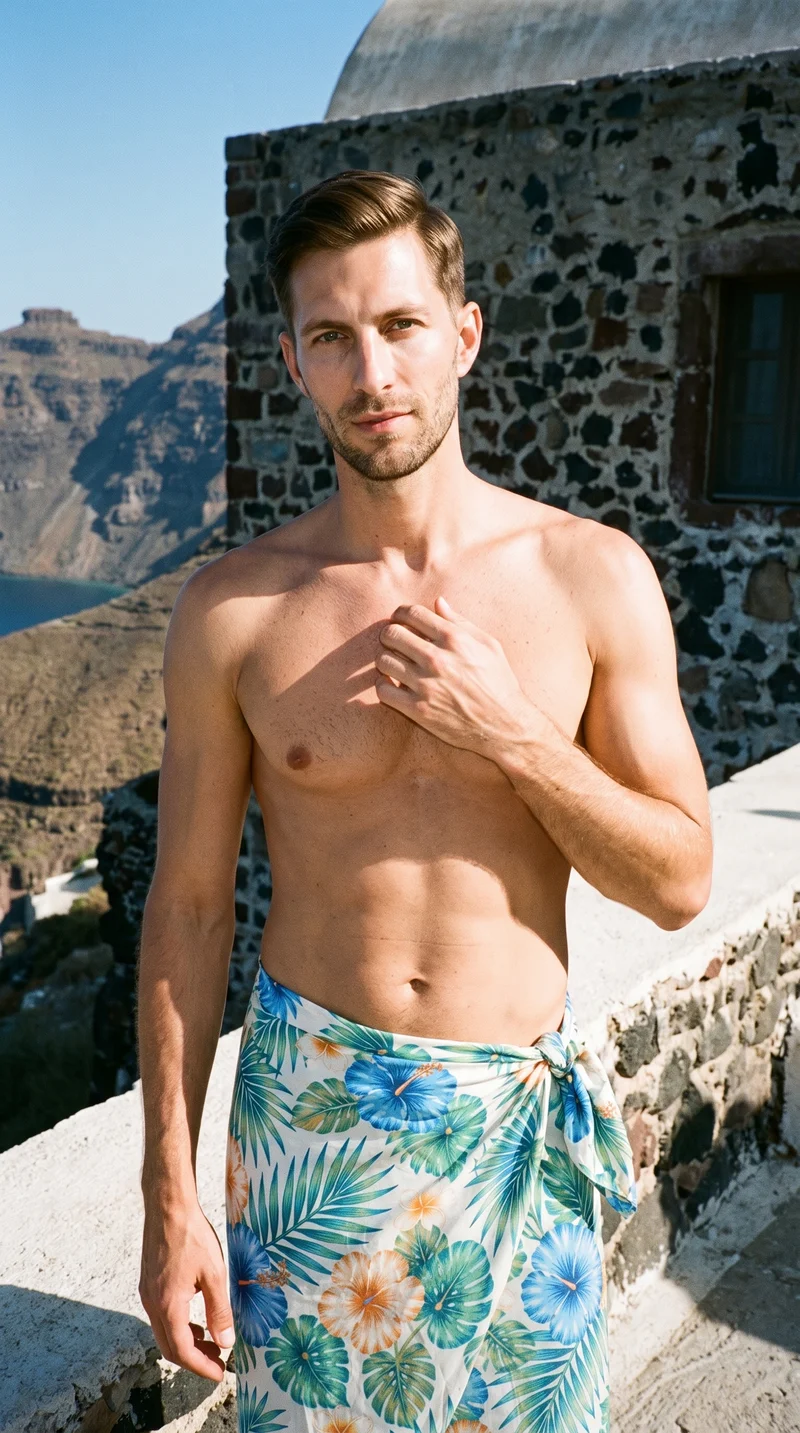 Men's Floral Print Sarong, Upper body at Front, Flash Editorial lighting