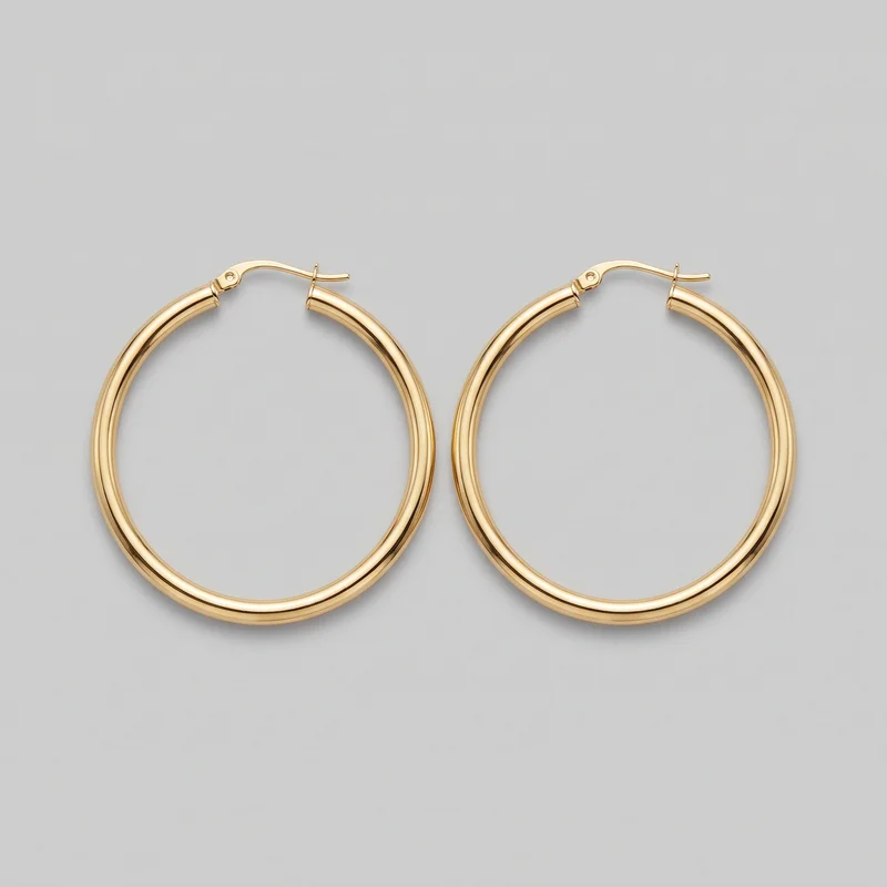 A matched pair of gold hoop earrings lies flat in a product-only view. Each earring has a rounded circular open-ring shape, a smooth tubular band, and a hinged latch closure with a small pivot plate, pinhole detail, and straight wire bar. The polished exteriors are plain, with no visible logos, stones, prints, or other embellishments.