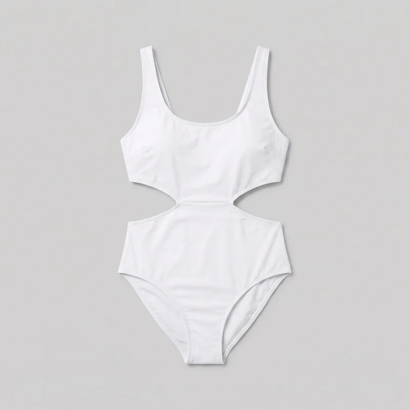 White cut-out one-piece swimsuit shown flat from the front as a standalone product. It has a scoop neckline, wide fixed shoulder straps, a sleeveless upper bodice, large side waist openings connected by a narrow central front section with a horizontal waist seam, and a high-cut brief-style bottom. Visible stitched binding finishes the neckline, straps, armholes, cutouts, waist, and leg openings.