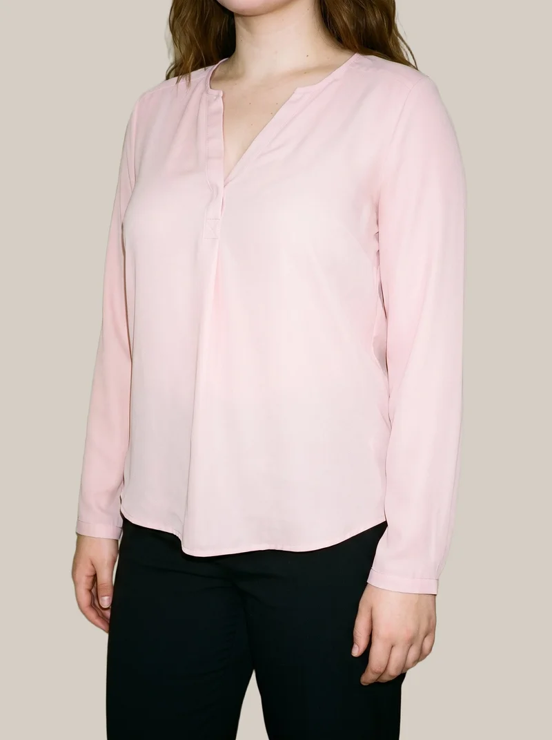 Blush Pink Chiffon Blouse, Torso at Angled front, Studio Cutout lighting