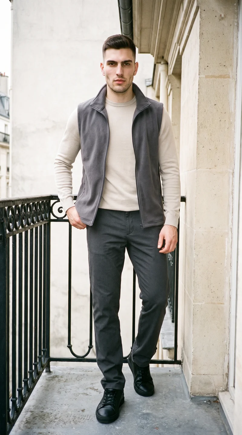Men's Grey Fleece Gilet, Full body at Front, Clean Catalog lighting